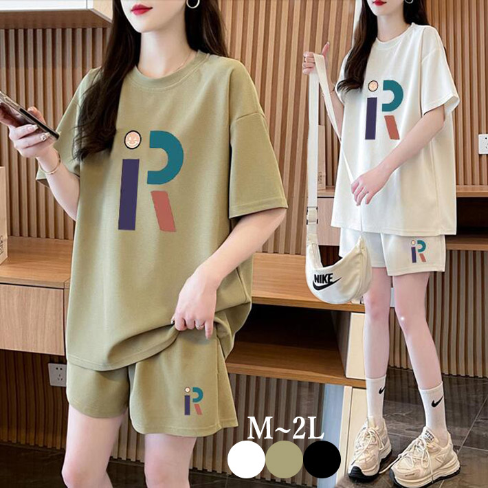 セットアップ レディース Tシャツ パンツ 2点セット 半袖 ショート 夏 ミニ トップス ボトムス 英文字 プリント ルームウエア スポーツ ウォーキング部屋着 大きサイズ M L 2L